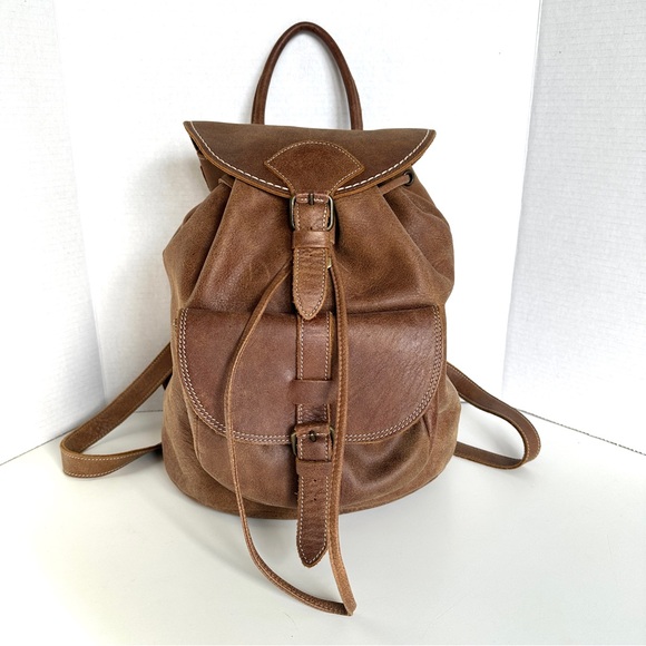 Roots Handbags - Roots Brown Leather Backpack with Buckles and Front Pocket